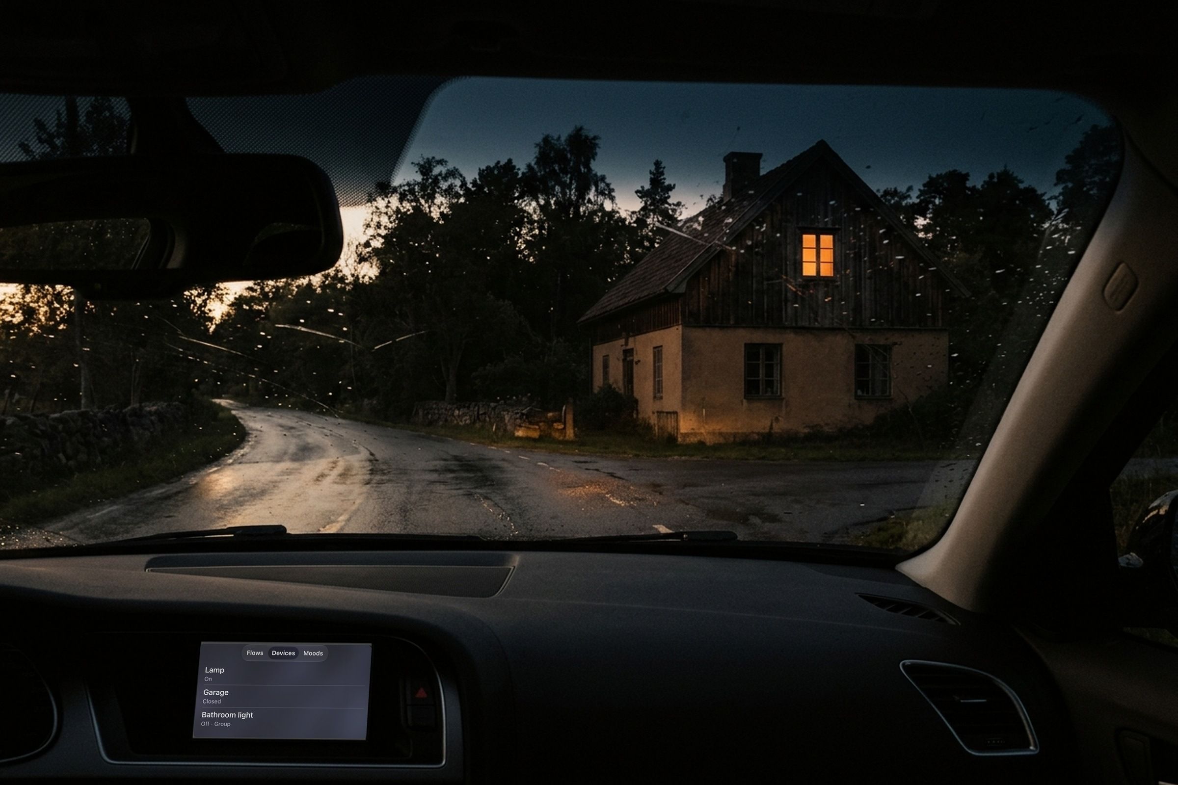 Een huis met een verlicht raam, gezien door de voorruit van een auto