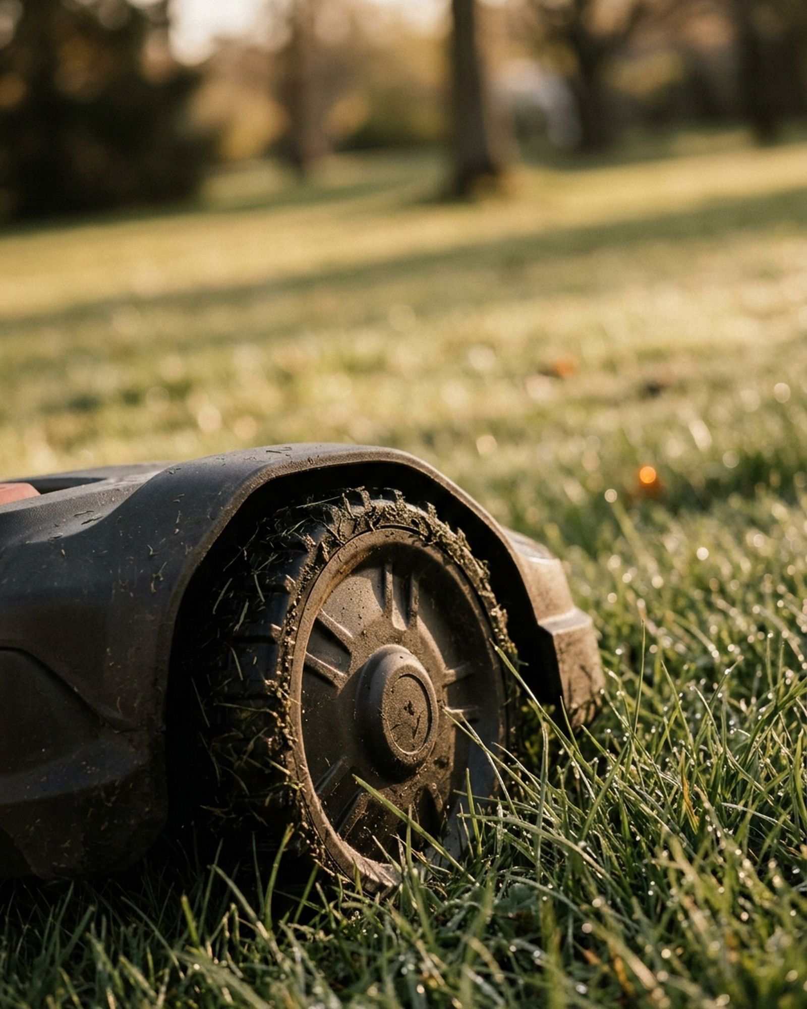 Close-up van het wiel van een robotmaaier in bedauwd gras