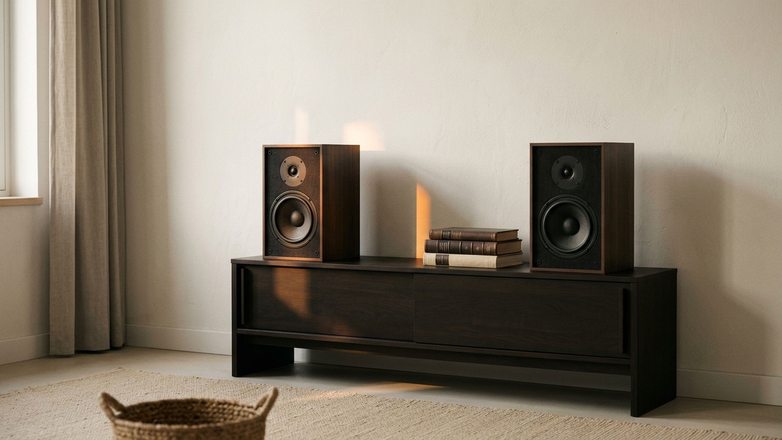 Twee klassieke houten speakers op een dressoir in een rustige woonkamer