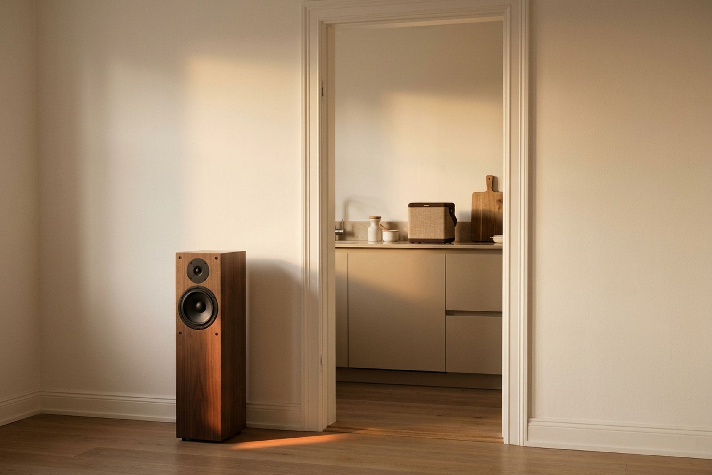Een houten vloerspeaker in de woonkamer, met de keuken erachter