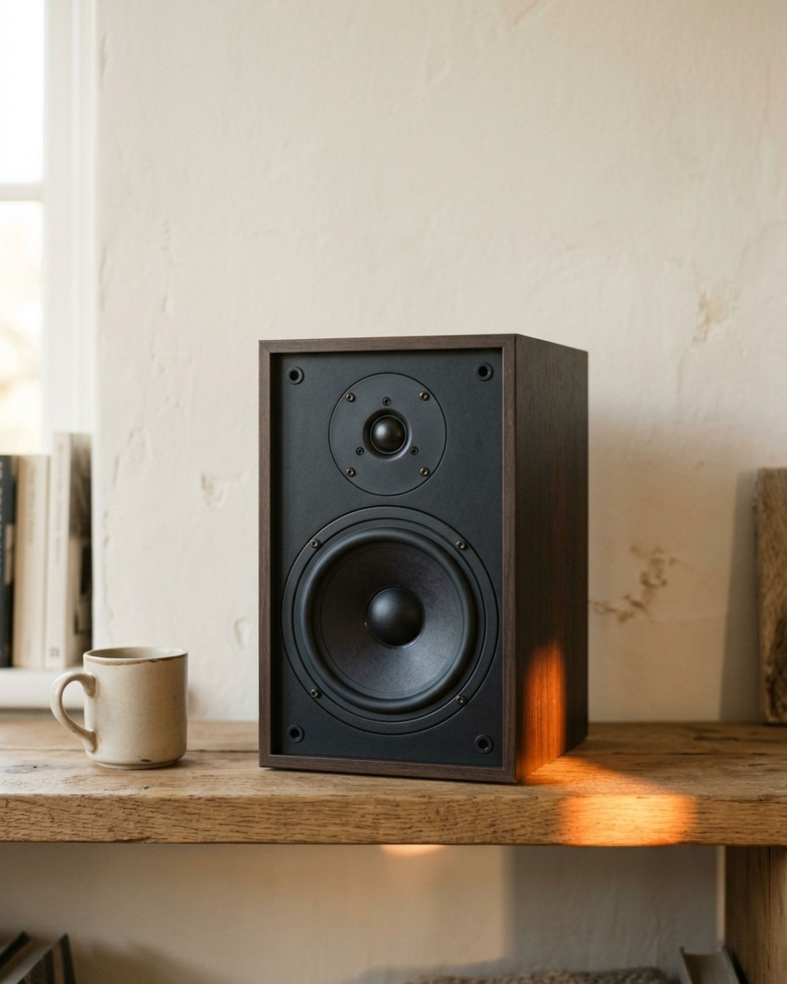 Een klassieke speaker met een grote woofer op een houten plank