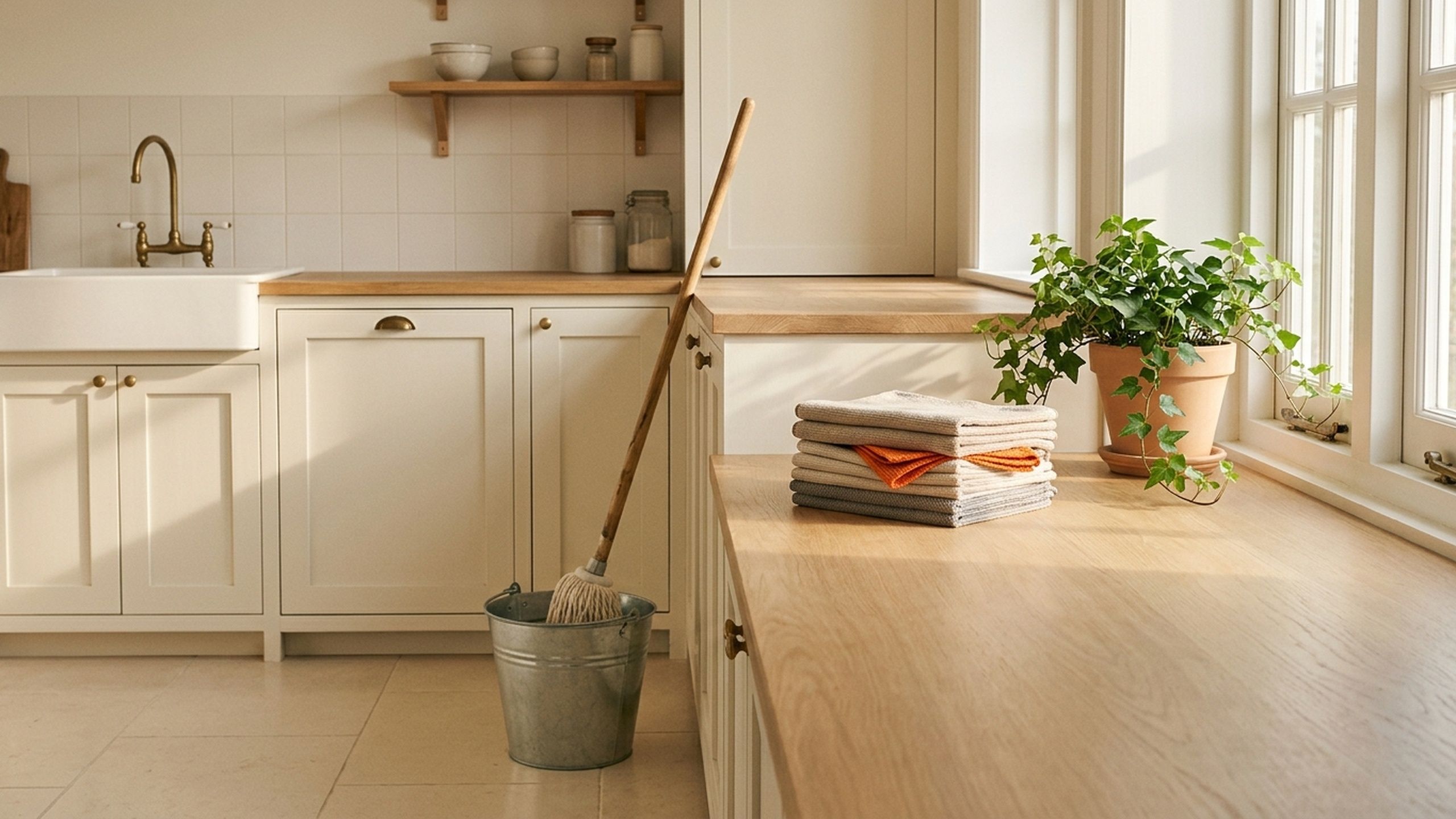 Een lichte keuken met een dweil in een emmer en een stapel doeken